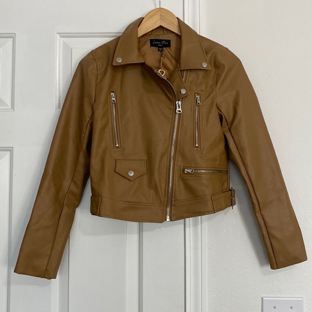 Love Tree NWT faux leather tan jacket with silver embellishments.